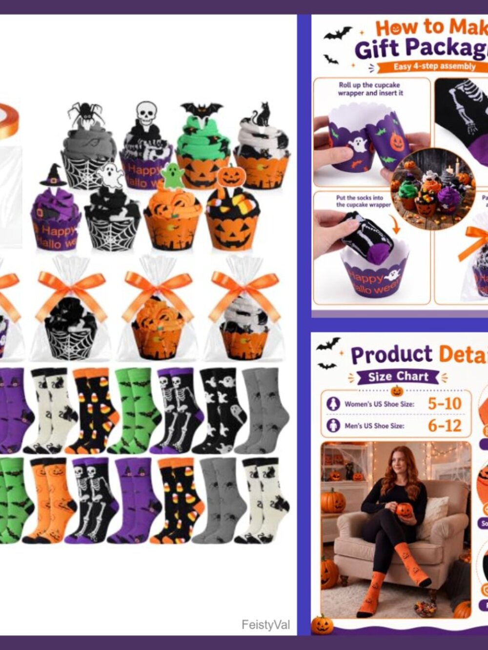 16 Pair Halloween Cupcake Socks Gift Set Boo Basket Stuffer